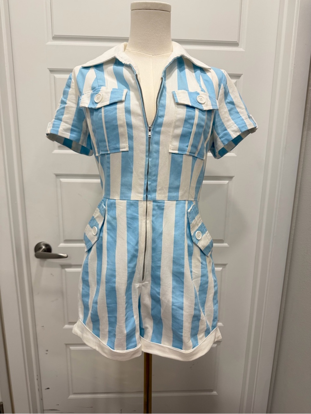 Unique Vintage Striped Blue & White Short Sleeve Romper
